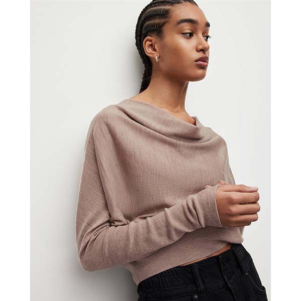 Allsaints Australia Womens Ridley Merino Cropped Cowl Neck Sweater Ash Pink AU70-249